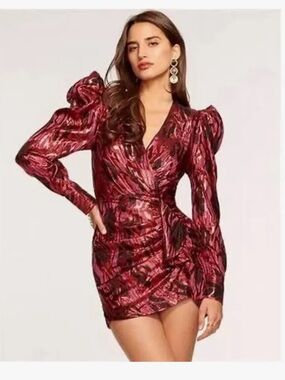 Ramy Brook Shimmery Burgundy-Pink Puff-Sleeve Wrap Mini Dress